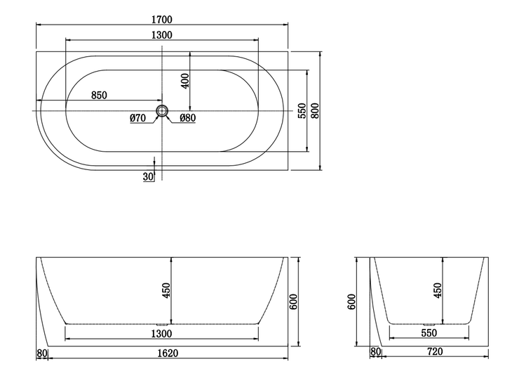 1700x800x600mm Gina Right Corner