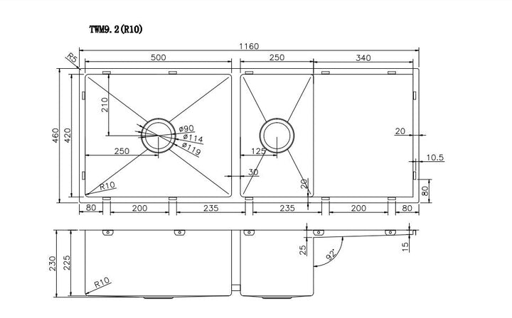 1160x460x230mm 1.2mm Handmade Top/Undermount One and a half Bowls Kitchen Sink