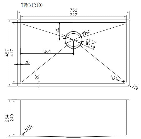 762*457*254mm Hand-made Single Bowl Kitchen Sink(Round Edges)