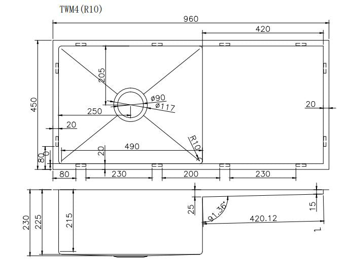 960*450*230mm Hand-made Single Bowl Kitchen Sink(Round Edges)