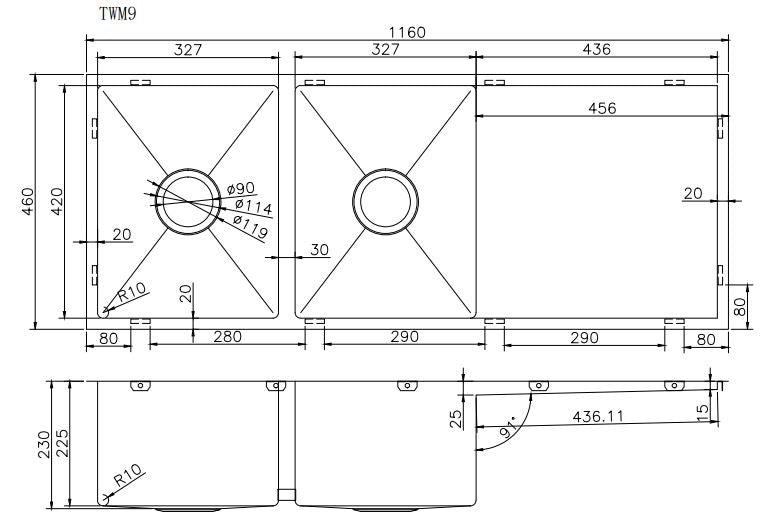 1160x460x230mm Gun Metal Grey 1.2mm Handmade Top/Undermount Double Bowls Kitchen Sink