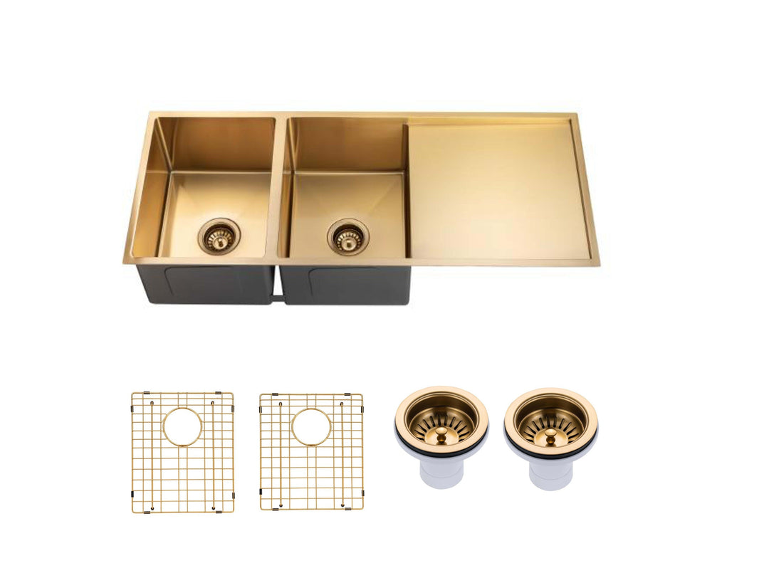 1160x460x230mm Brushed Yellow Gold 1.2mm Handmade Top/Undermount Double Bowls Kitchen Sink