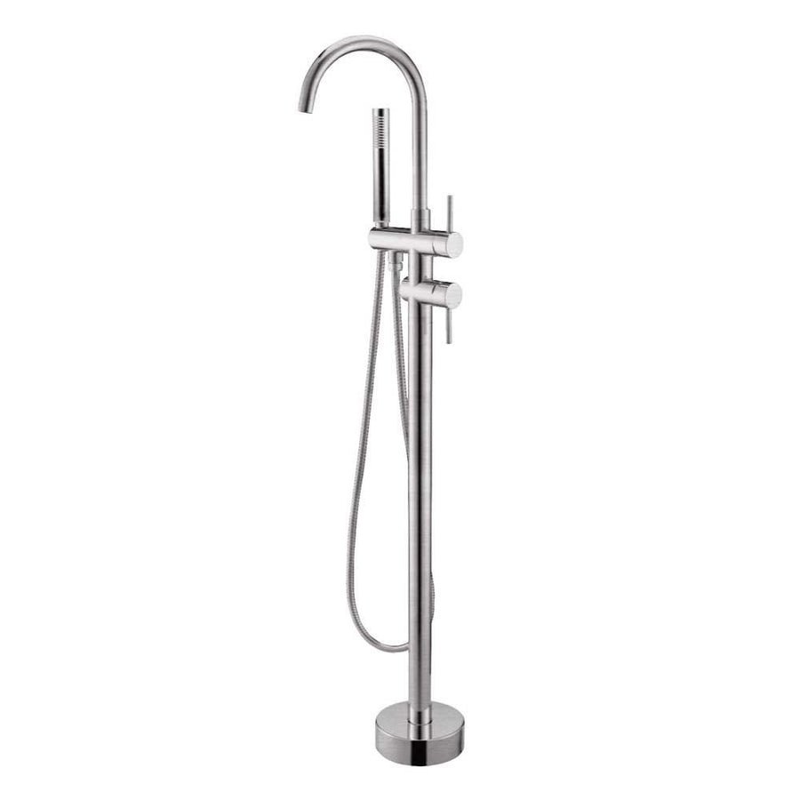 Round Brushed Nickel Freestanding Bath Mixer With Handheld Shower