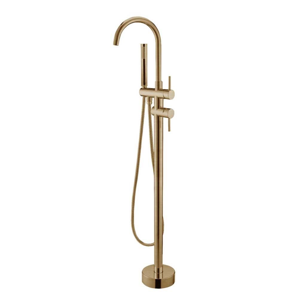 Round Brushed Brass Freestanding Bath Mixer With Handheld Shower