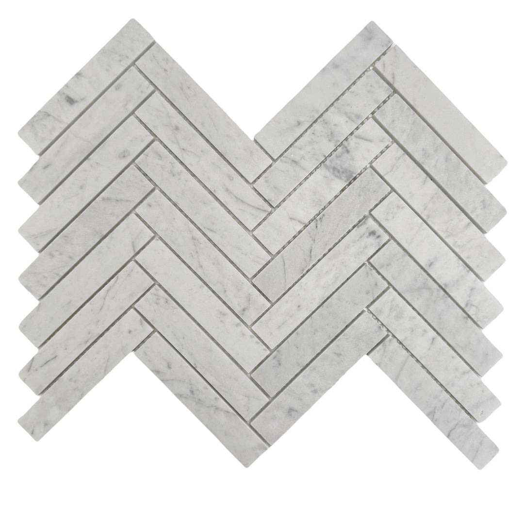 HERRINGBONE CARRARA HONED CHIP SIZE 25X98X7MM SHEET SIZE 282X305x7mm - 92HERCARH -01