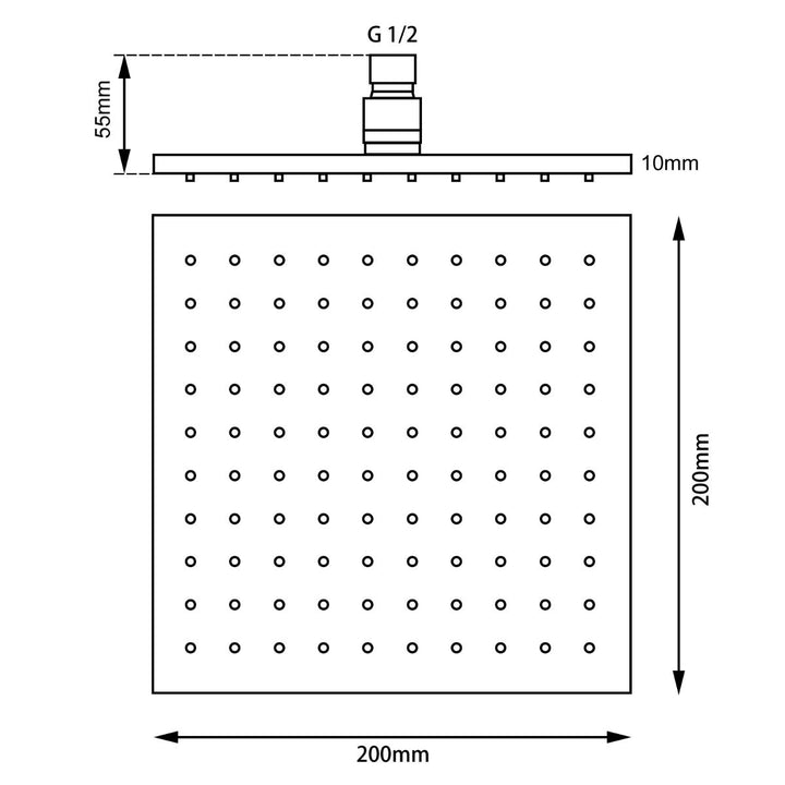 Square Black ABS Rainfall Shower Head 200mm