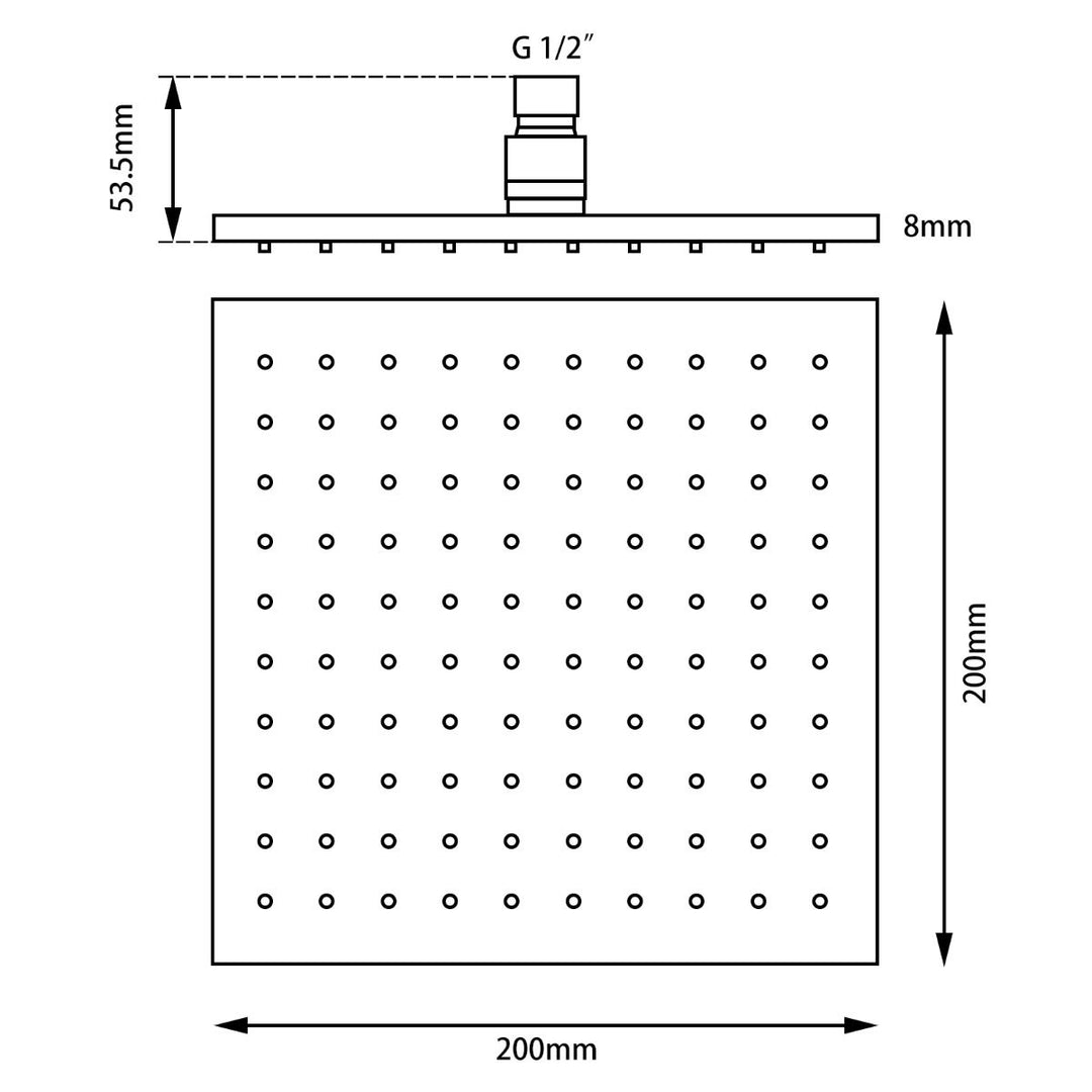 Square Chrome Rainfall Brass Shower Head 200mm