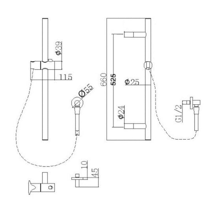 Round Brushed Brass Wall Mounted Sliding Rail with Water Hose & Wall Connector Only