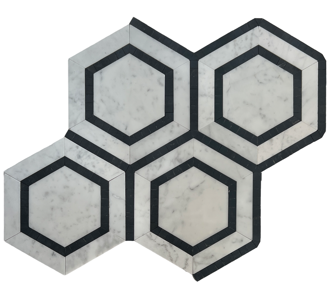 HEXAGON CARRARA + NERO BORDER HONED SHEET SIZE 315X275X10MM FRAME: 388X311X10MM - HEXAGON CARRARA + NERO BORDER HONED -05