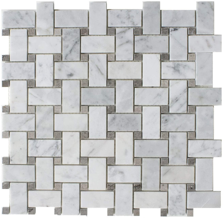 BASKETWEAVE CARRARA + CINDERELLA GREY HONED CHIP SIZE 25X48X7MM SHEET SIZE 305X305X7MM - BASKETWEAVE CARRARA + CINDERELLA GREY DOT -05