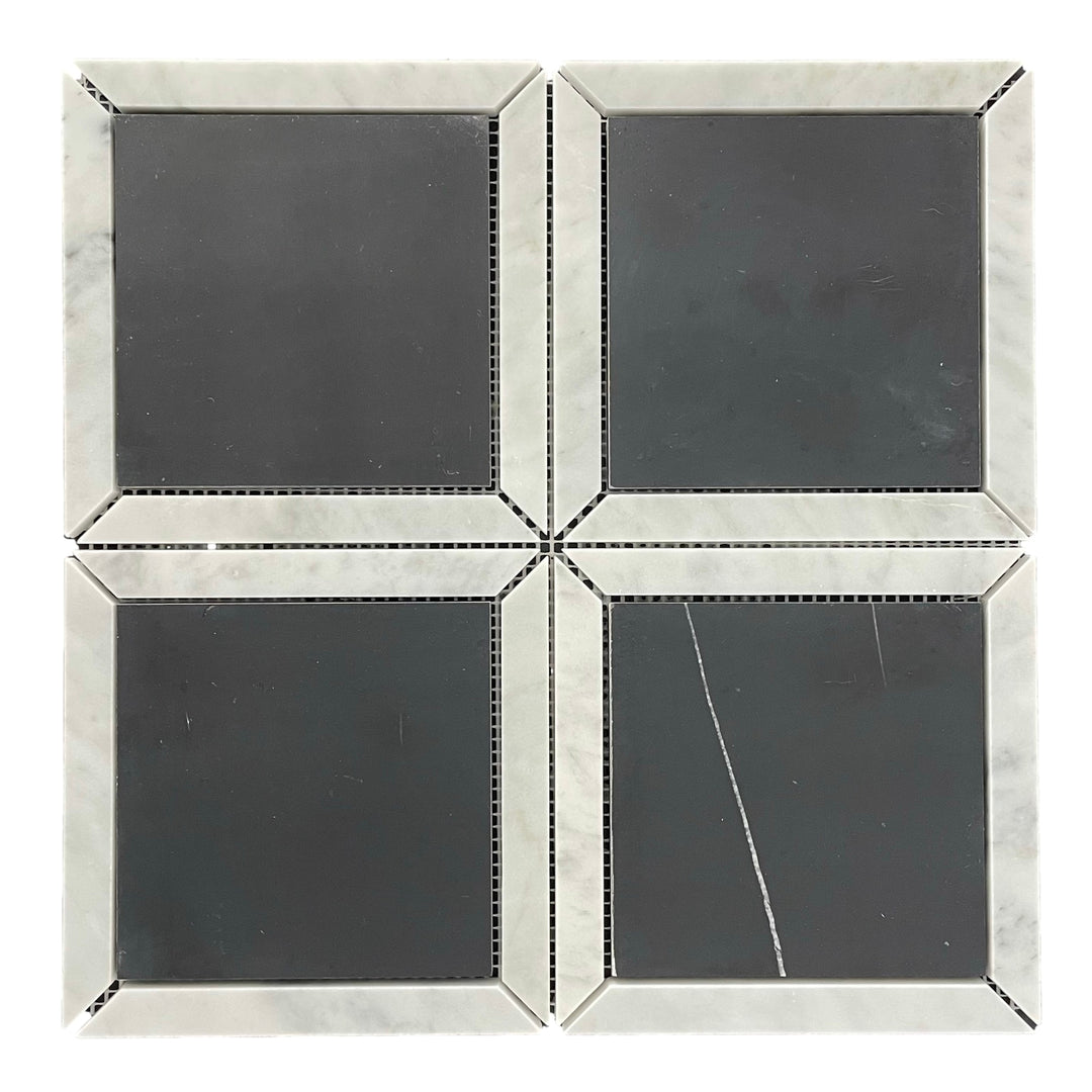 NERO SQUARE + CARRARA BORDER SHEET SIZE 305X305X10MM - NERO SQUARE + CARRARA BORDER HONED -02