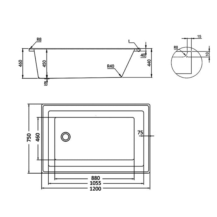 Drop In Shower Bath 1200x750x460 SB1200