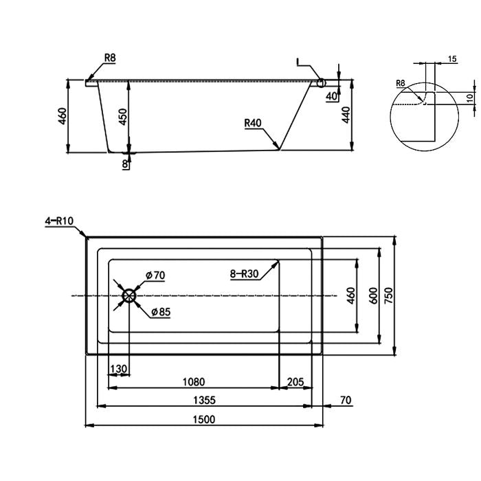 Drop In Shower Bath 1495x750x460 SB1500