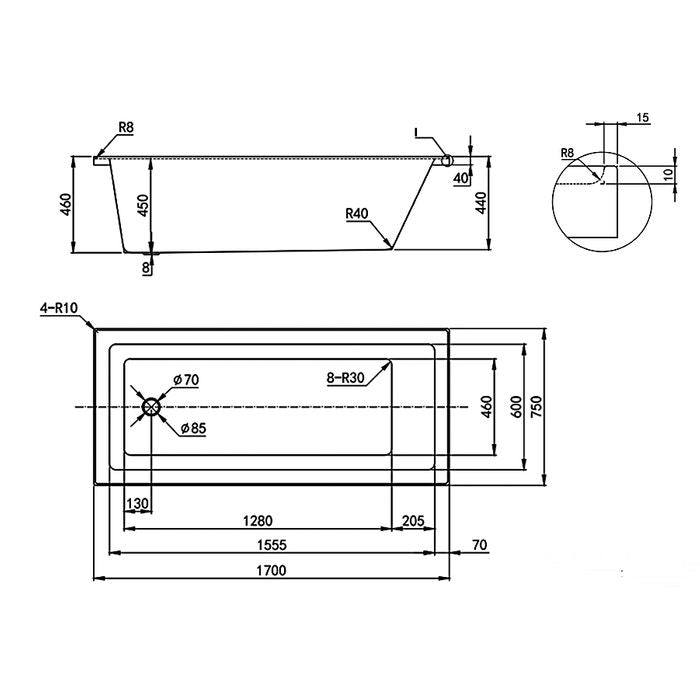 Drop In Shower Bath 1700x750x440 SB1700