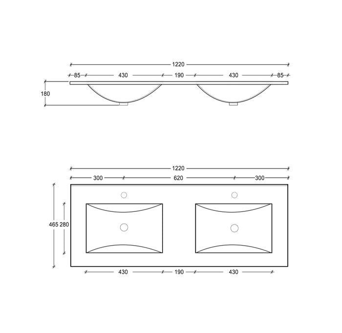 CT124D Ceramic Top Double Bowl 1200x460x170 CT124D