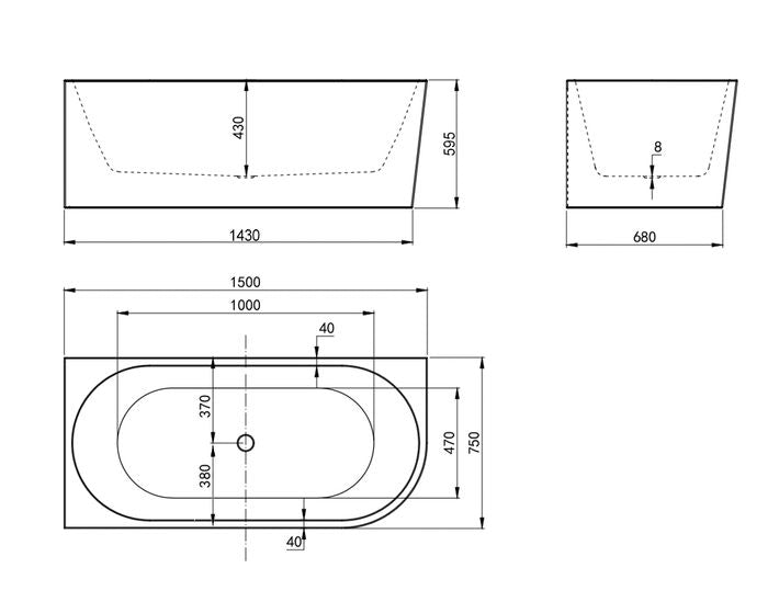 Left Corner Bathtub 1500x750x580 NF & Gloss White ICBT-1500L-NF