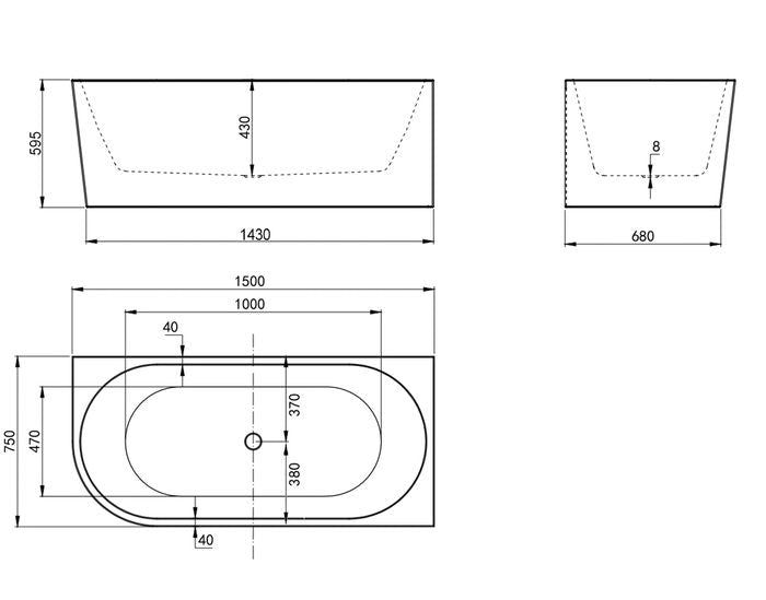 Right Corner Bathtub 1500x750x580 NF & Gloss White ICBT-1500R-NF