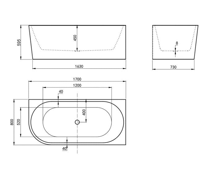 Right Corner Bathtub 1700x750x580 NF & Gloss White ICBT-1700R-NF