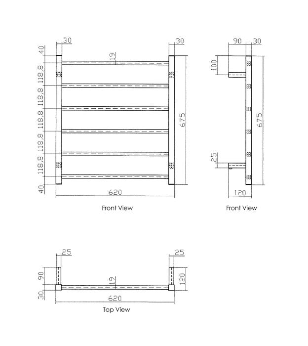 Square Electric Heated Towel Rack 6 Bars Universal Inlet Stainless Steel Chrome IS-06-2