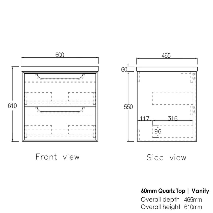 Black Oak Byron 600 Wall Hung Mont Blanc 60mm Top 12 O'clock Taphole BY600BST-60CA-12TH