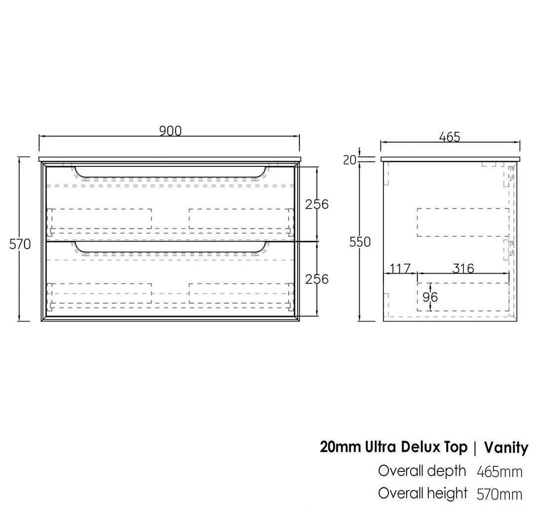 Natural Oak Byron 900 Wall Hung Mont Blanc 60mm Top 12 O'clock Taphole BY900NST-60CA-12TH