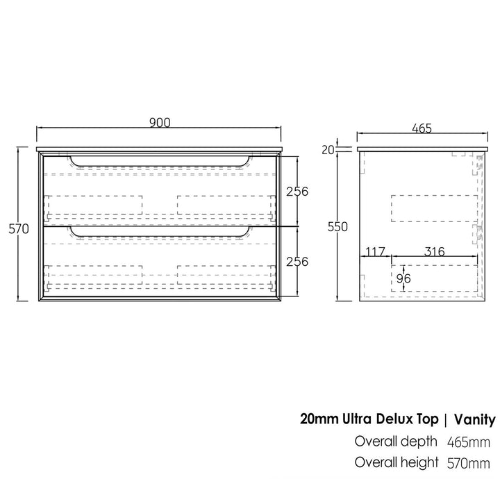 Natural Oak Byron 900 Wall Hung Mont Blanc 60mm Top 12 O'clock Taphole BY900NST-60CA-12TH