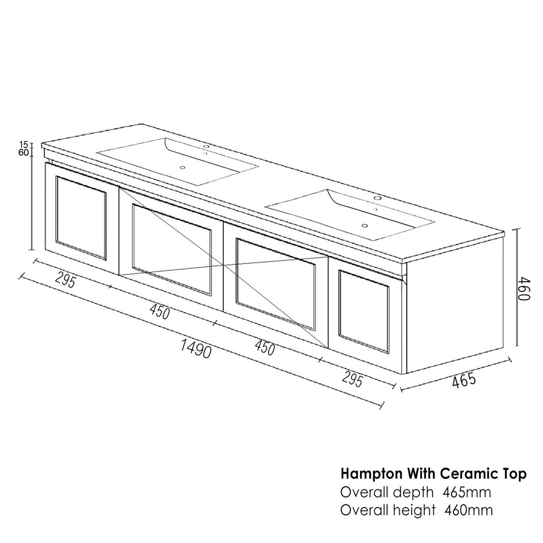 Satin White Hampton Mark II1500 Wall Hung Mont Blanc Top 12 O'clock Taphole HPM1500WST-CA-12TH