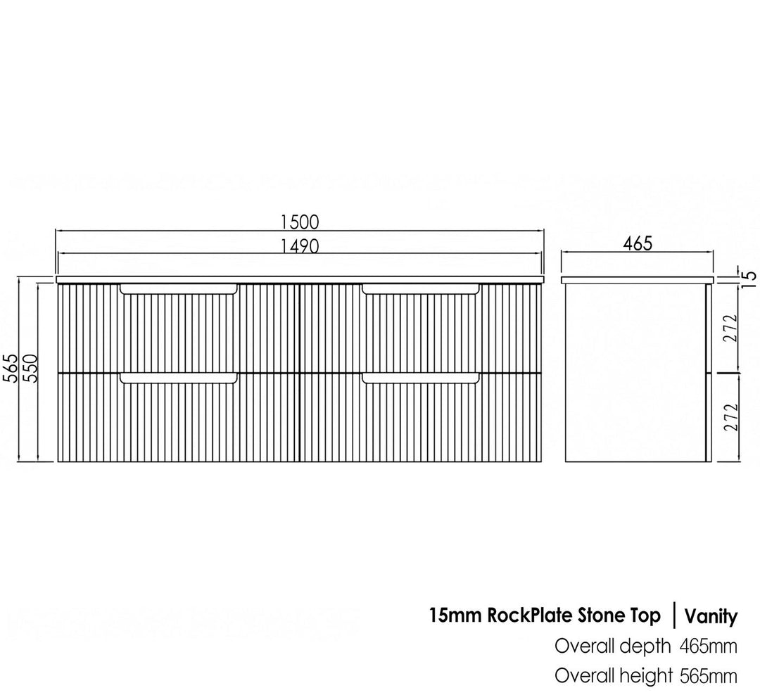 Satin White Noosa1500 Wall Hung Empire Black Top 10 & 2 O'clock Taphole NS1500WST-EB-10TH