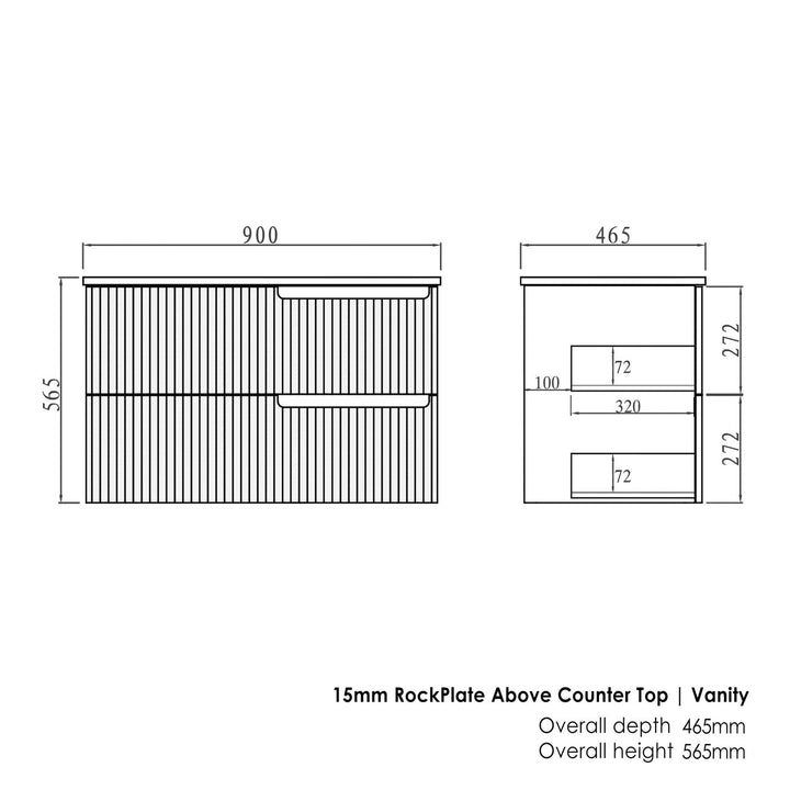 Satin White Noosa900 Wall Hung Empire Black Top 12 O'clock Taphole NS900WST-EB-12TH