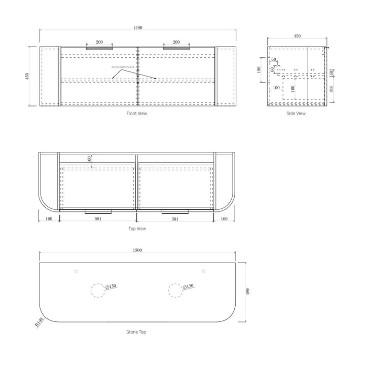 Bondi 1500x460X450 Wall Hung Satin White Fluted Plywood Vanity With Cloudy Carrara 10 Oclock Taphole BO1500WST-CA-10TH