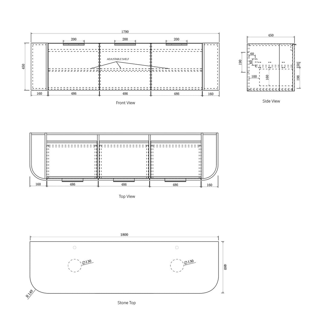 Bondi 1800x460X450 Wall Hung Satin White Fluted Plywood Vanity With Pure White 12 Oclock Taphole BO1800WST-PW-12TH