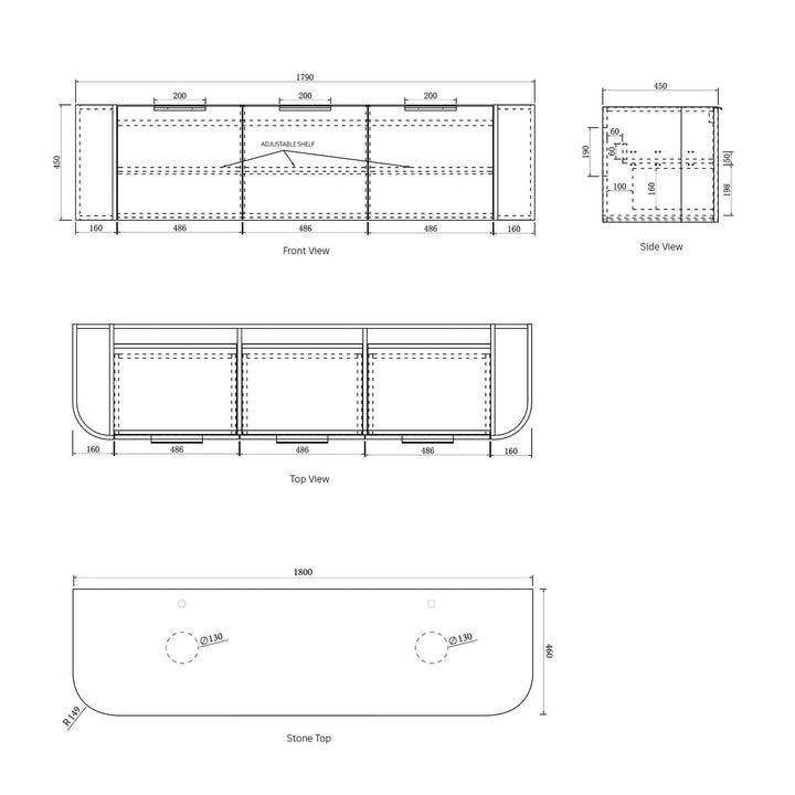 Bondi 1800x460X450 Wall Hung Satin White Fluted Plywood Vanity With Pure White 12 Oclock Taphole BO1800WST-PW-12TH