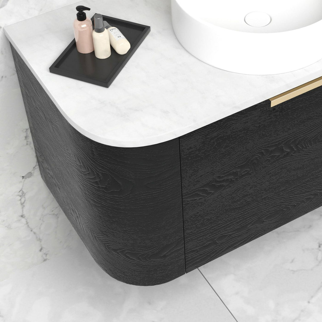 Bondi 900x460X450 Wall Hung Black Oak Plywood Vanity With Cloudy Carrara 2 Oclock Taphole BO900BST-CA-2TH