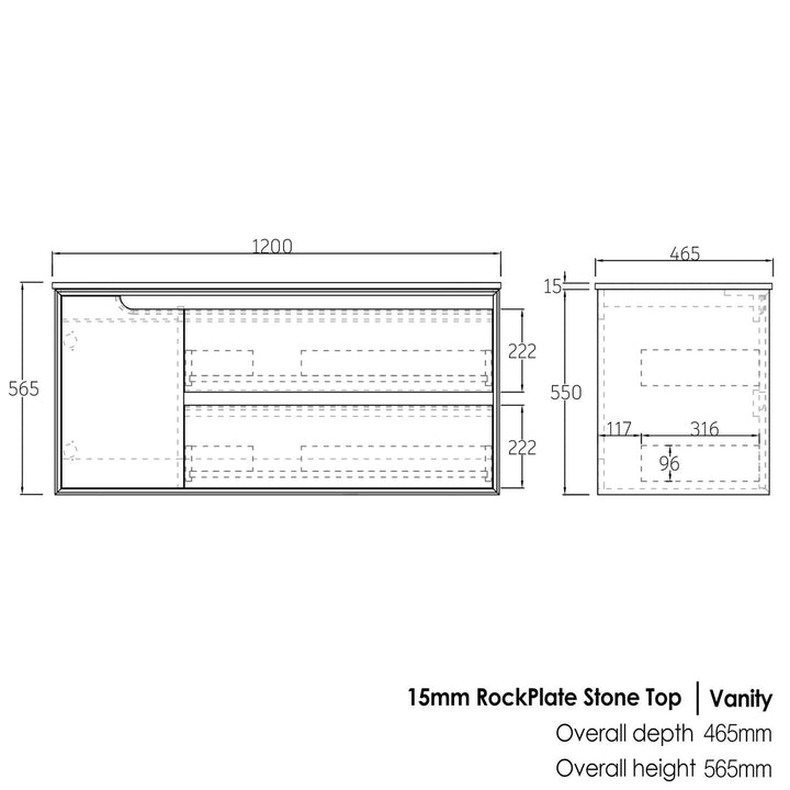 Black Oak Byron 1200 Wall Hung Empire Black Top 2 O'clock Taphole BY1200BST-EB-2TH