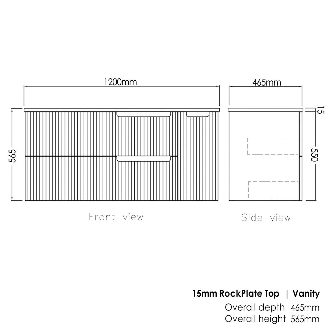 Satin White Noosa1200 Wall Hung Empire Black Top 2 O'clock Taphole NS1200WST-EB-2TH