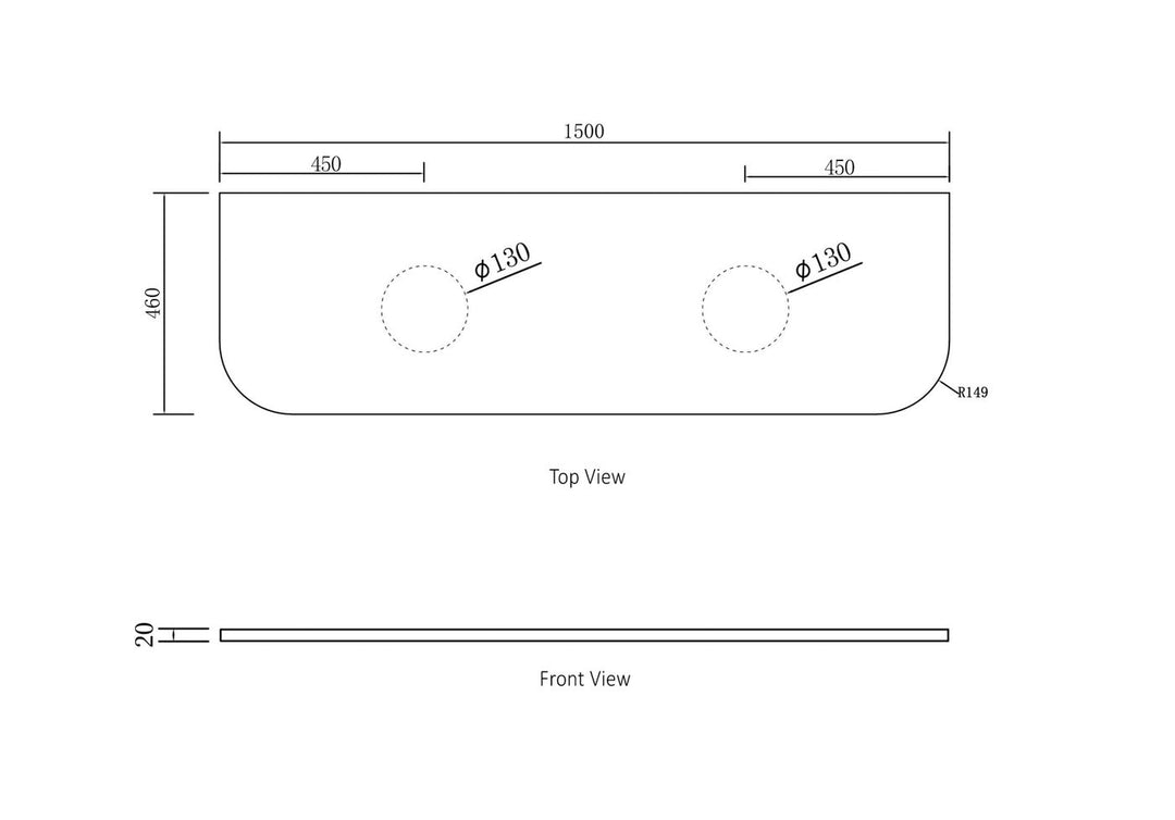 Bondi 1500x460x20mm Pure White Stone Top - Two Waste Holes 130mm STBO154PW-130