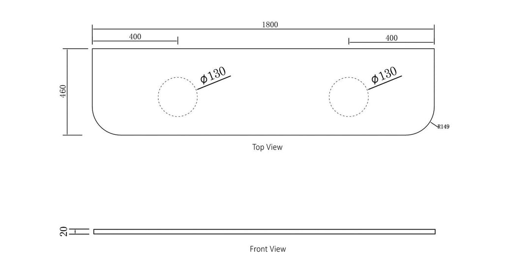 Bondi 1800x460x20mm Pure White Stone Top - Two Waste Holes 130mm STBO184PW-130