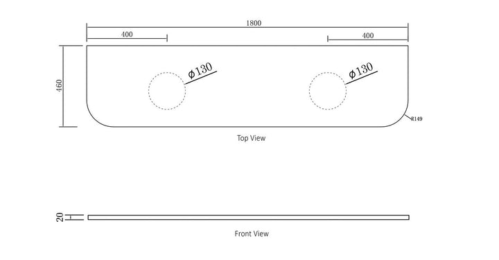 Bondi 1800x460x20mm Pure White Stone Top - Two Waste Holes 130mm STBO184PW-130