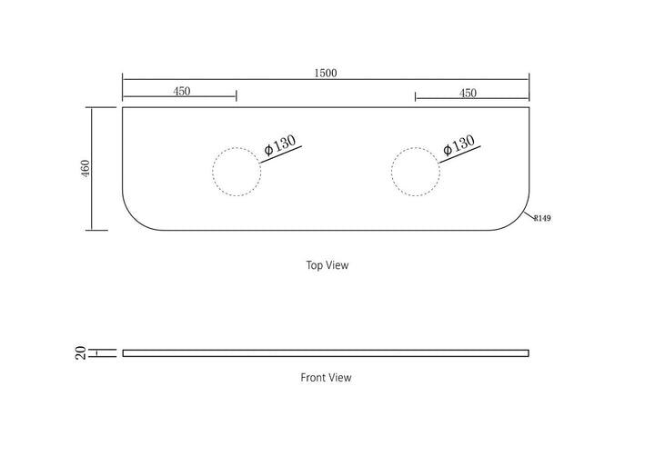 Bondi 1500x460x20mm Solid Surface Carrara Top - Two Waste Hole 130mm STBO154CA-130