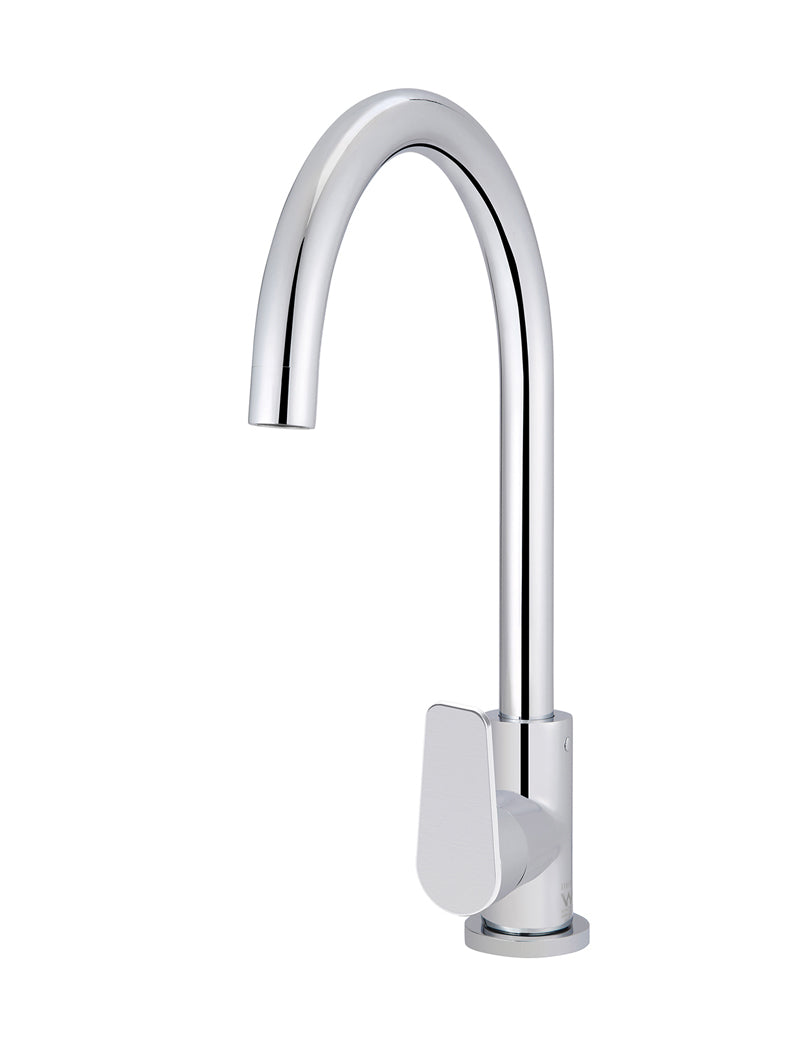 Round Gooseneck Kitchen Mixer Tap with Paddle Handle - Polished Chrome