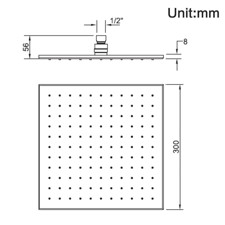 Square Black Brass Rainfall Shower Head 300mm