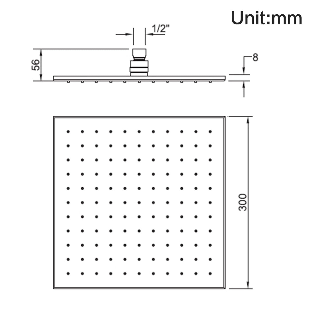 Square Chrome Brass Rainfall Shower Head 300mm