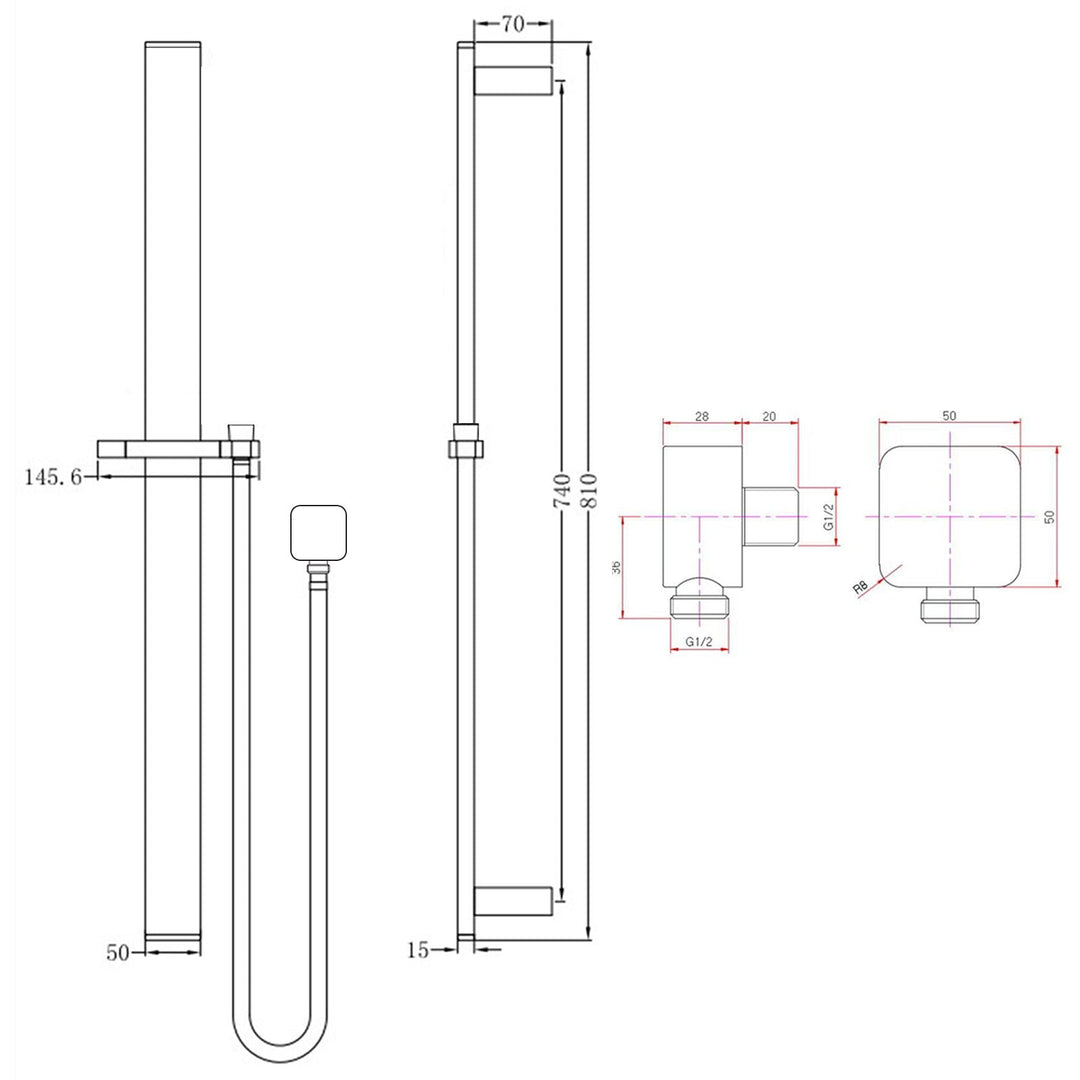 Square Black Sliding Shower Rail without Handheld Shower (PVC Hose)