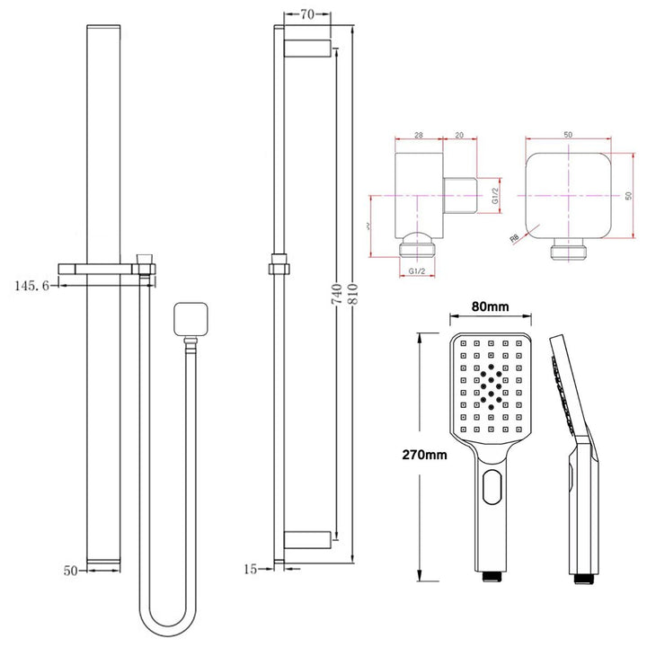 Brushed Nickel Square Handheld Shower Rail Set