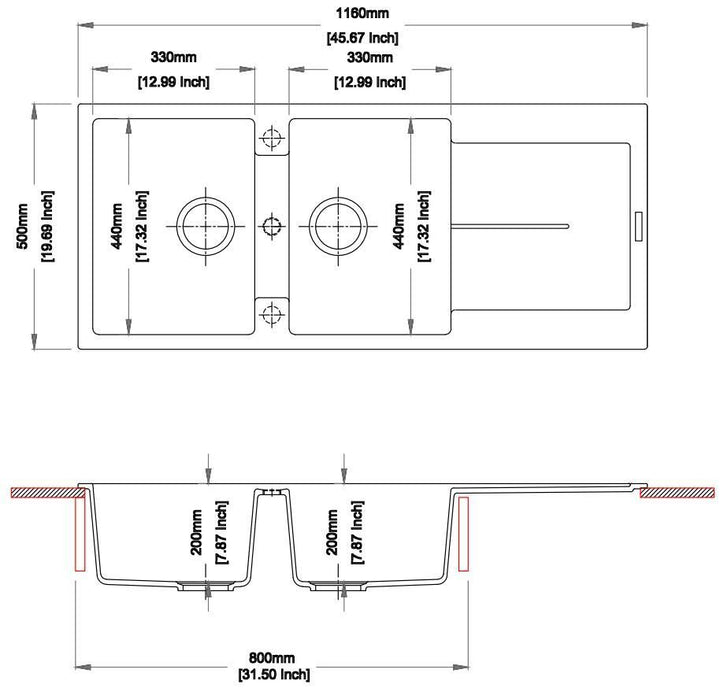 1160 x 500 x 200mm Carysil Enigma D200 Double Bowl with Drainer Board Granite Kitchen Sink Top Mount