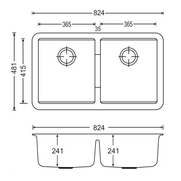 824 x 481 x 241mm Carysil Concrete Grey Double Bowls Granite Undermount Kitchen Sink