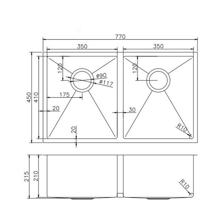 Satin - Gun Metal Grey 770x450x215mm 1.2mm Handmade Top/Undermount Double Bowls Kitchen Sink