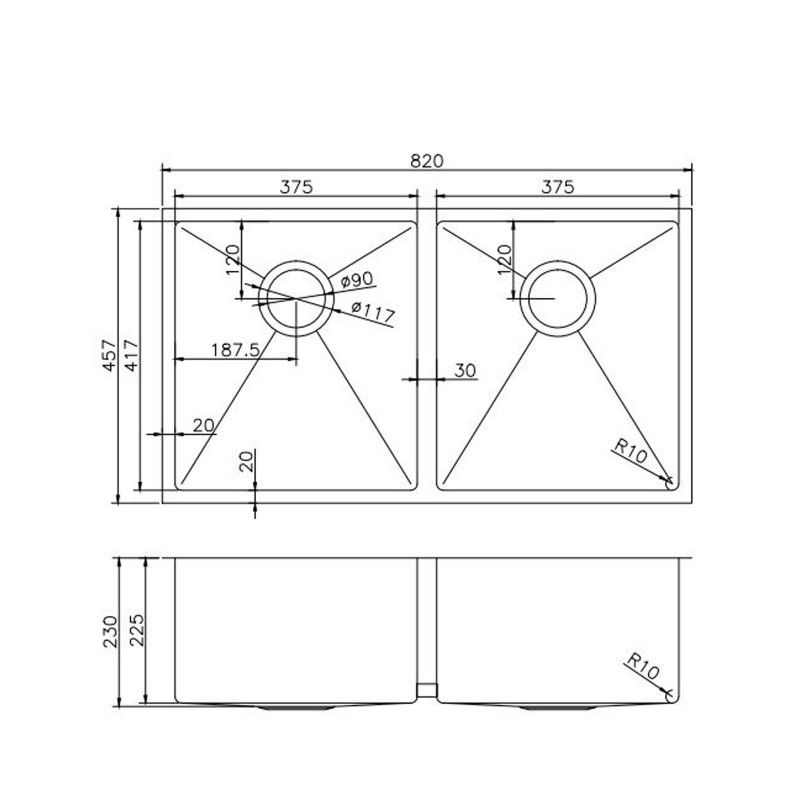 820x457x230mm Gun Metal Grey 1.2mm Handmade Top/Undermount Double Bowls Kitchen Sink