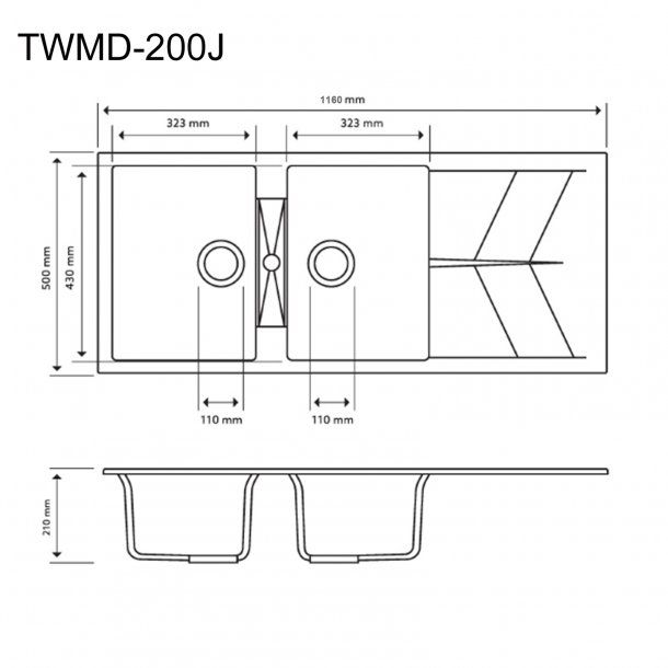 1160 x 500 x 210mm Carysil Jazz D200 Double Bowl Drainer Board Granite Kitchen Sink Top/Flush/Under Mount