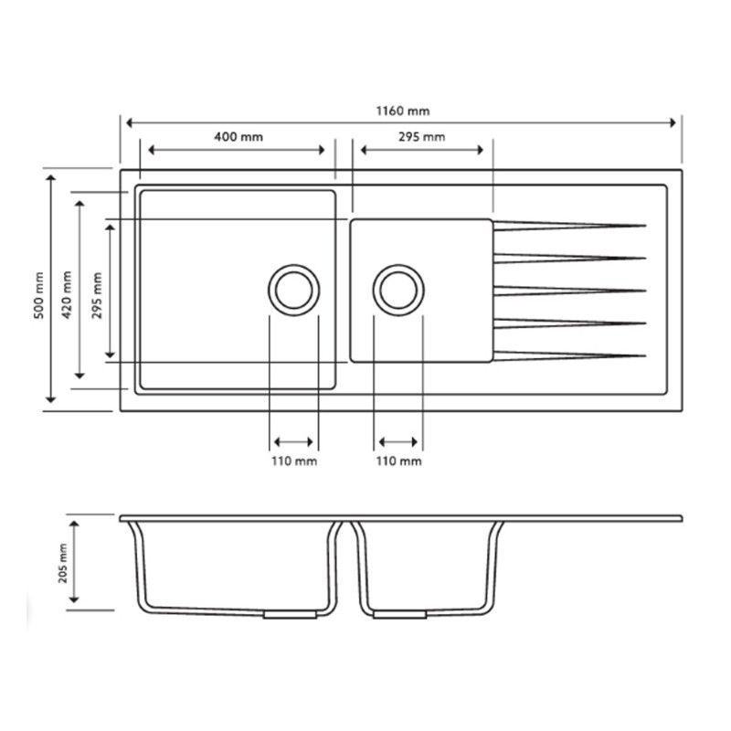 1160 x 500 x 205mm Carysil Vivaldi D200V 1 and A Half Bowl With Drainer Board Granite Kitchen Sink Top/Flush/Under Mount